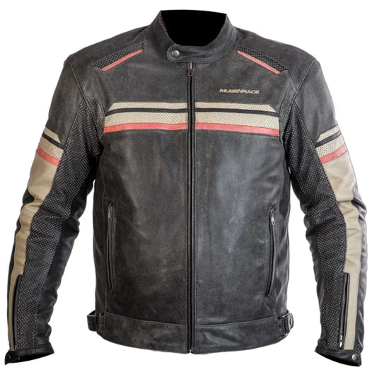 MUGENRACE LJ-MNR-1874 Loksait Moto Giacca Pelle Nera Beige Rossa