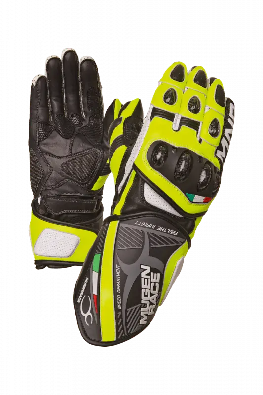 MUGENRACE NEPTUN Sportivo Moto Pelle Guanti Nero Fluo Giallo
