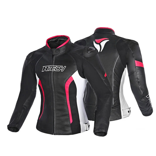R-TECH -Tom Rider donna Giacca in pelle Negro/Blanco/Fuschia