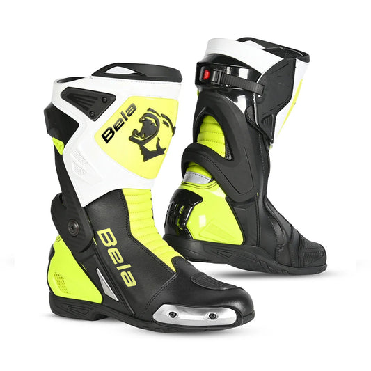 Bela Turbo Track Racing Motorcycle Boots - Black White Fluorescent Yellow – Yamoto.it