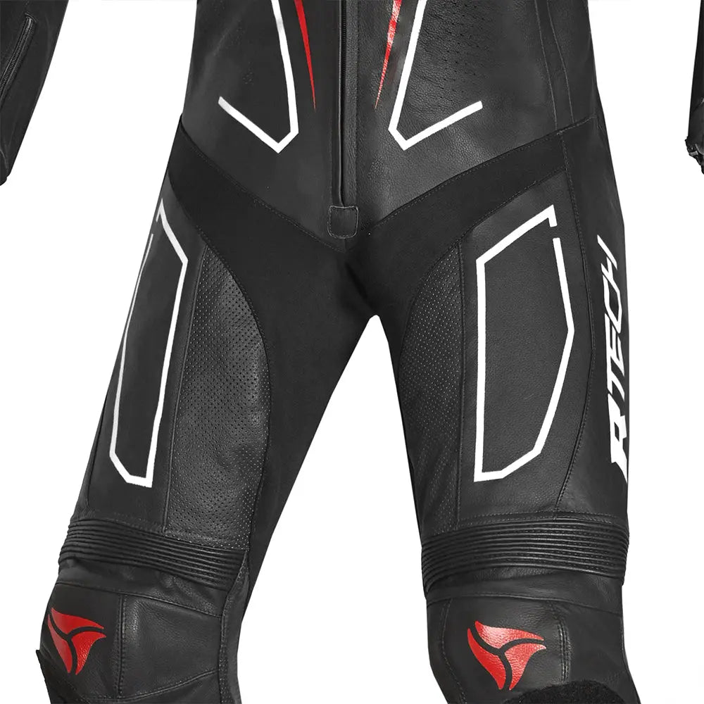 R-Tech rising Kangaroo Mix star Tuta Moto In Pelle Racing Intera Nero/Bianco e Rosso 