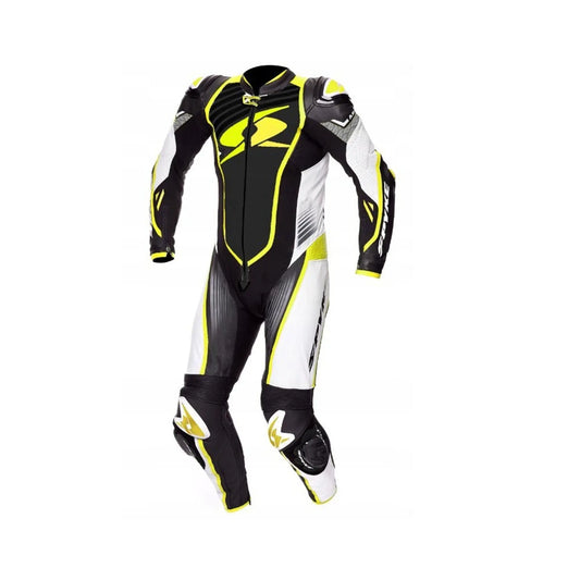 SPYKE ARAGON RACE 1PC Moto Tuta Nero Bianco Giallo Fluo