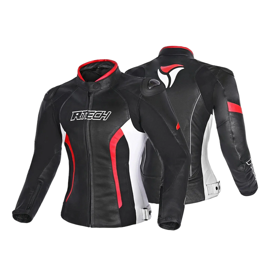 R-TECH -Tom Rider donna Giacca in pelle Negro/Blanco/Rosso 