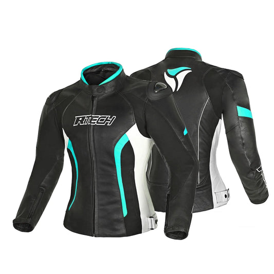 R-TECH -Tom Rider donna Giacca in pelle Negro/Blanco/Turchese 