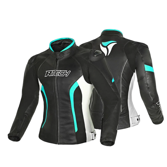 R-TECH -Tom Rider donna Giacca in pelle Negro/Blanco/Turchese 