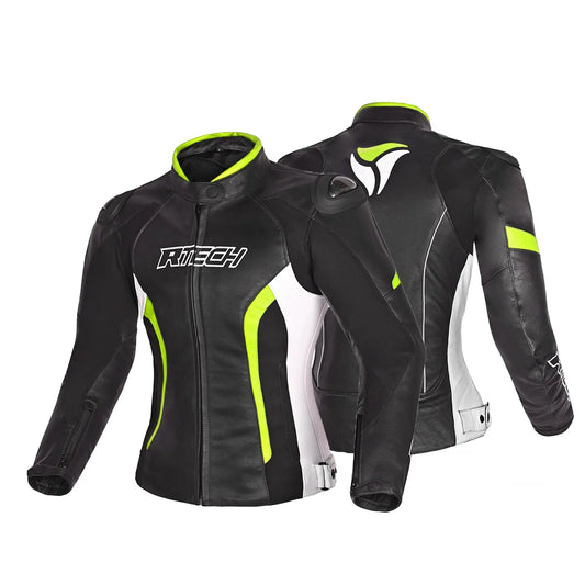R-TECH -Tom Rider donna Giacca in pelle Negro/Blanco/Farina di Amarillo 