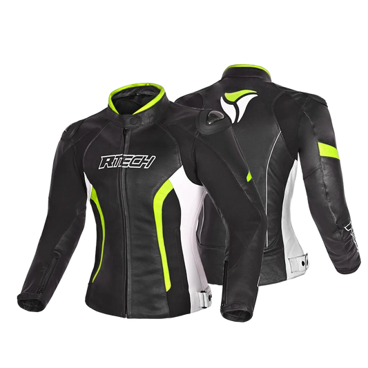 R-TECH -Tom Rider donna Giacca in pelle Negro/Blanco/Amarillo 