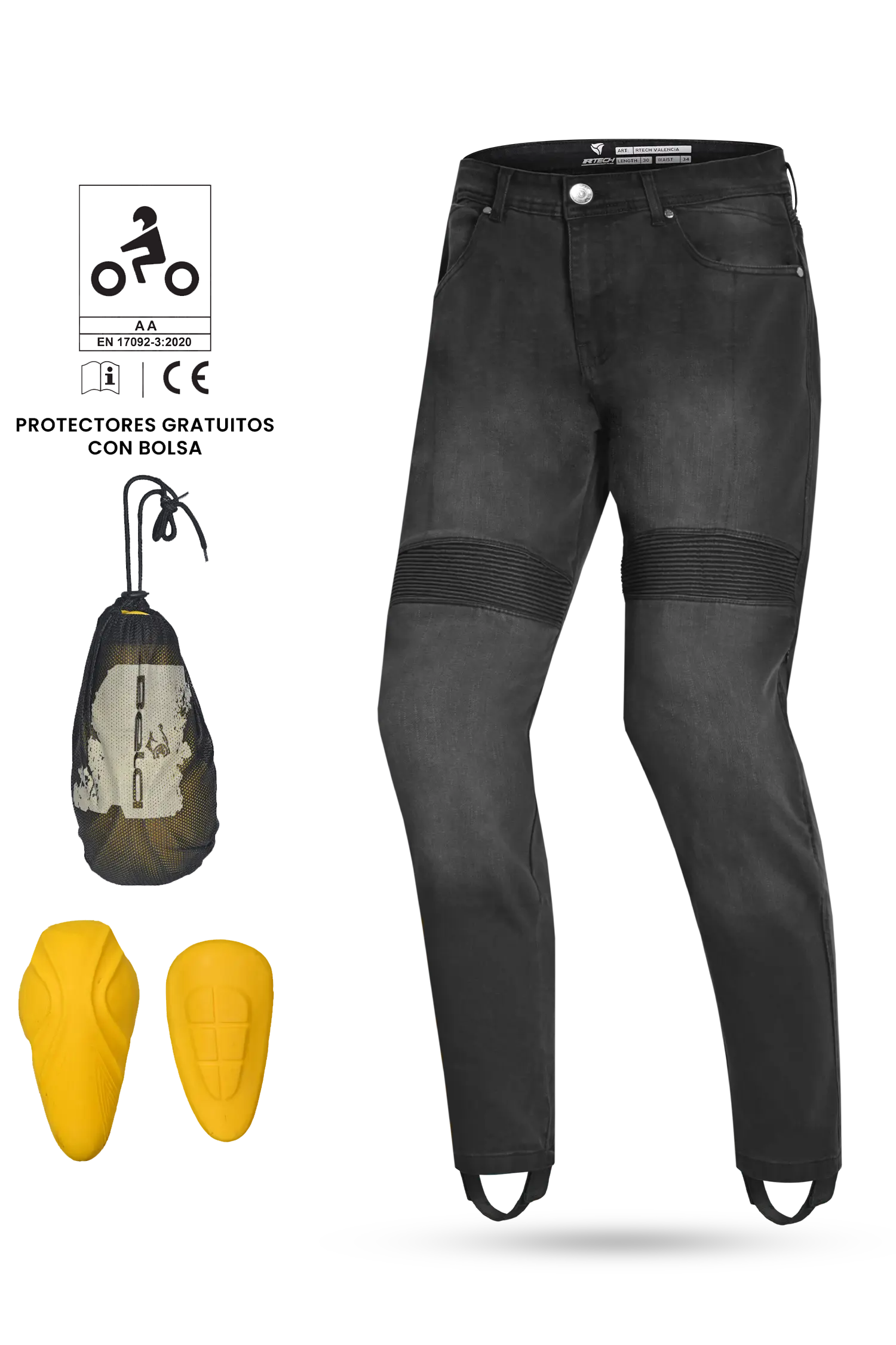 R-tech Valencia Omologato CE livello AA Jeanss UOMO Nero 34L 