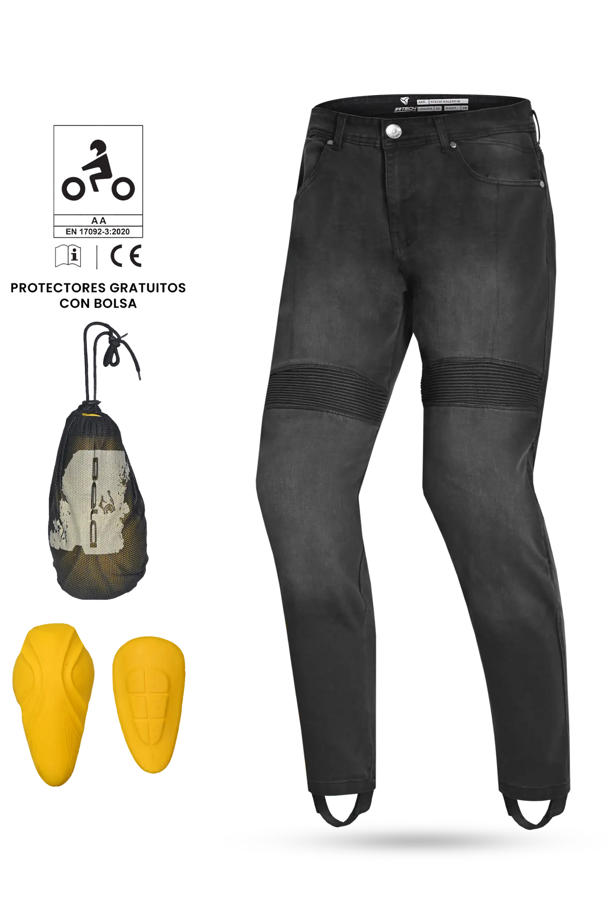 R-tech Valencia Omologato CE livello AA Jeanss UOMO Nero 34L 
