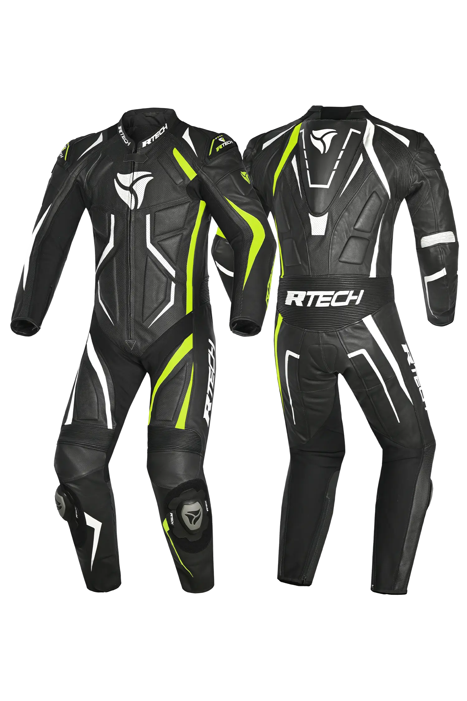 R-Tech Defender GP Tuta Moto In Pelle Racing Intera Nero/Bianco/Giallo 