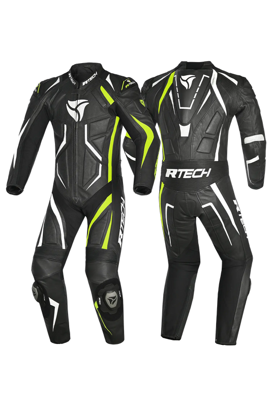 R-Tech Defender GP Tuta Moto In Pelle Racing Intera Nero/Bianco/Giallo 