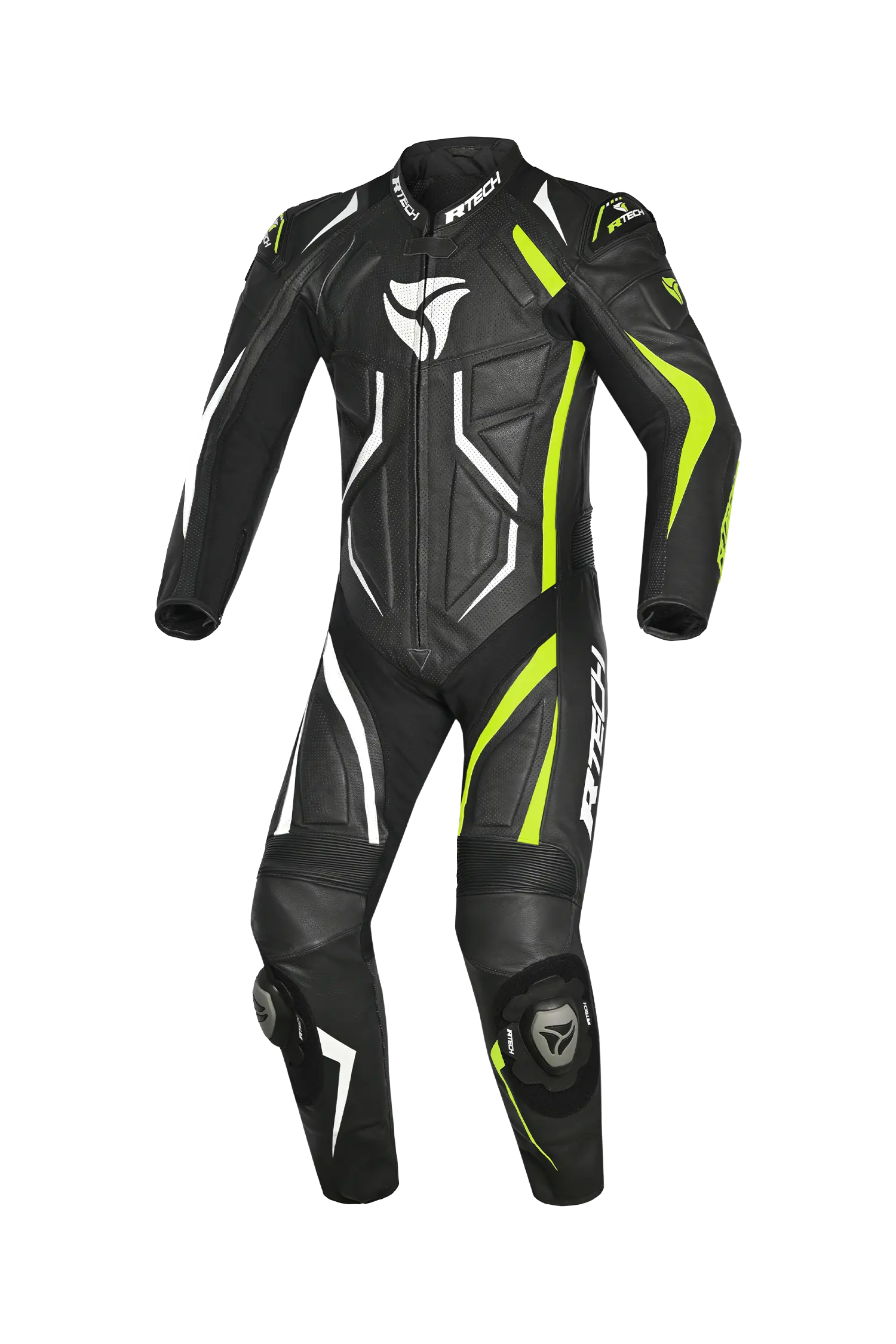 R-Tech Defender GP Tuta Moto In Pelle Racing Intera Nero/Bianco/Giallo 