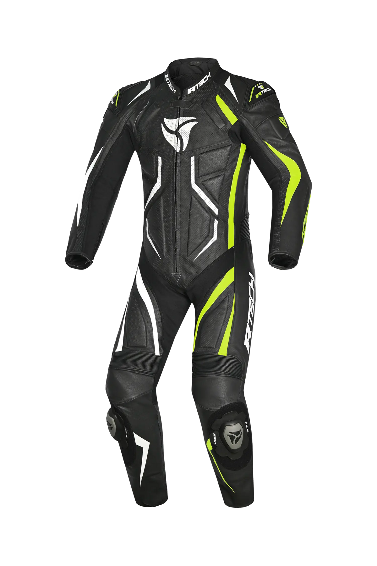 R-Tech Defender GP Tuta Moto In Pelle Racing Intera Nero/Bianco/Giallo 