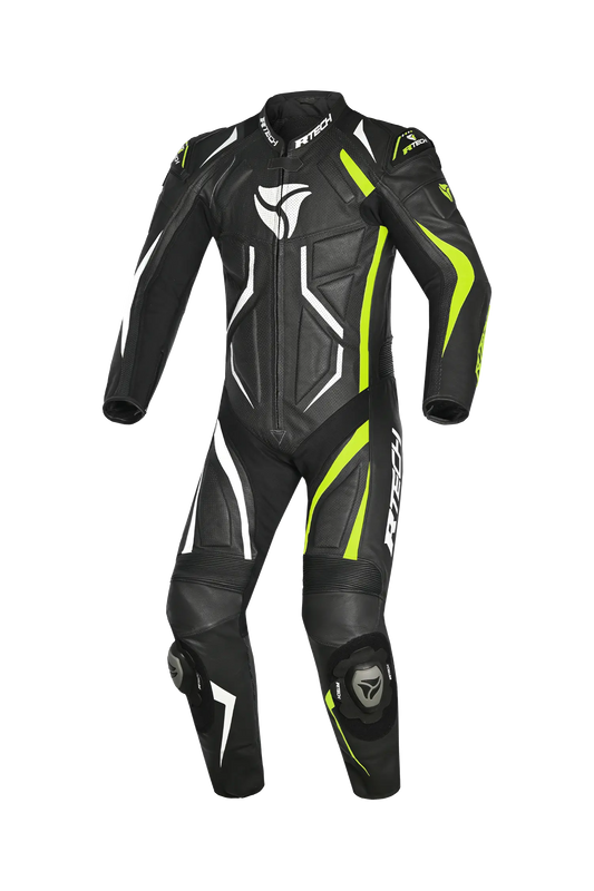 R-Tech Defender GP Tuta Moto In Pelle Racing Intera Nero/Bianco/Giallo 