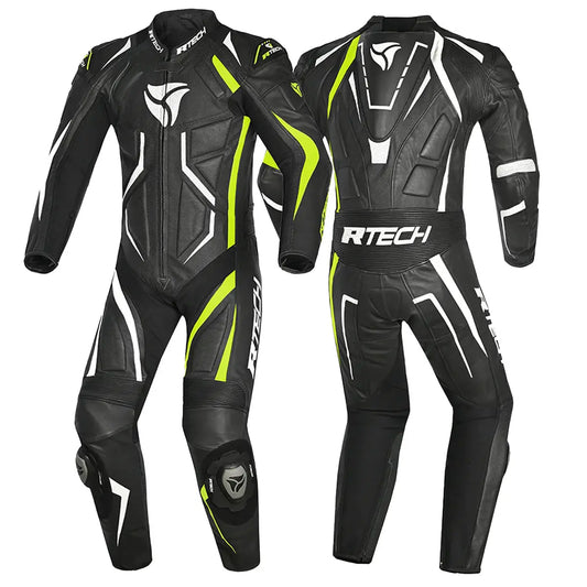 R-Tech Defender GP Tuta Moto In Pelle Racing Intera Nero/Bianco/Giallo 
