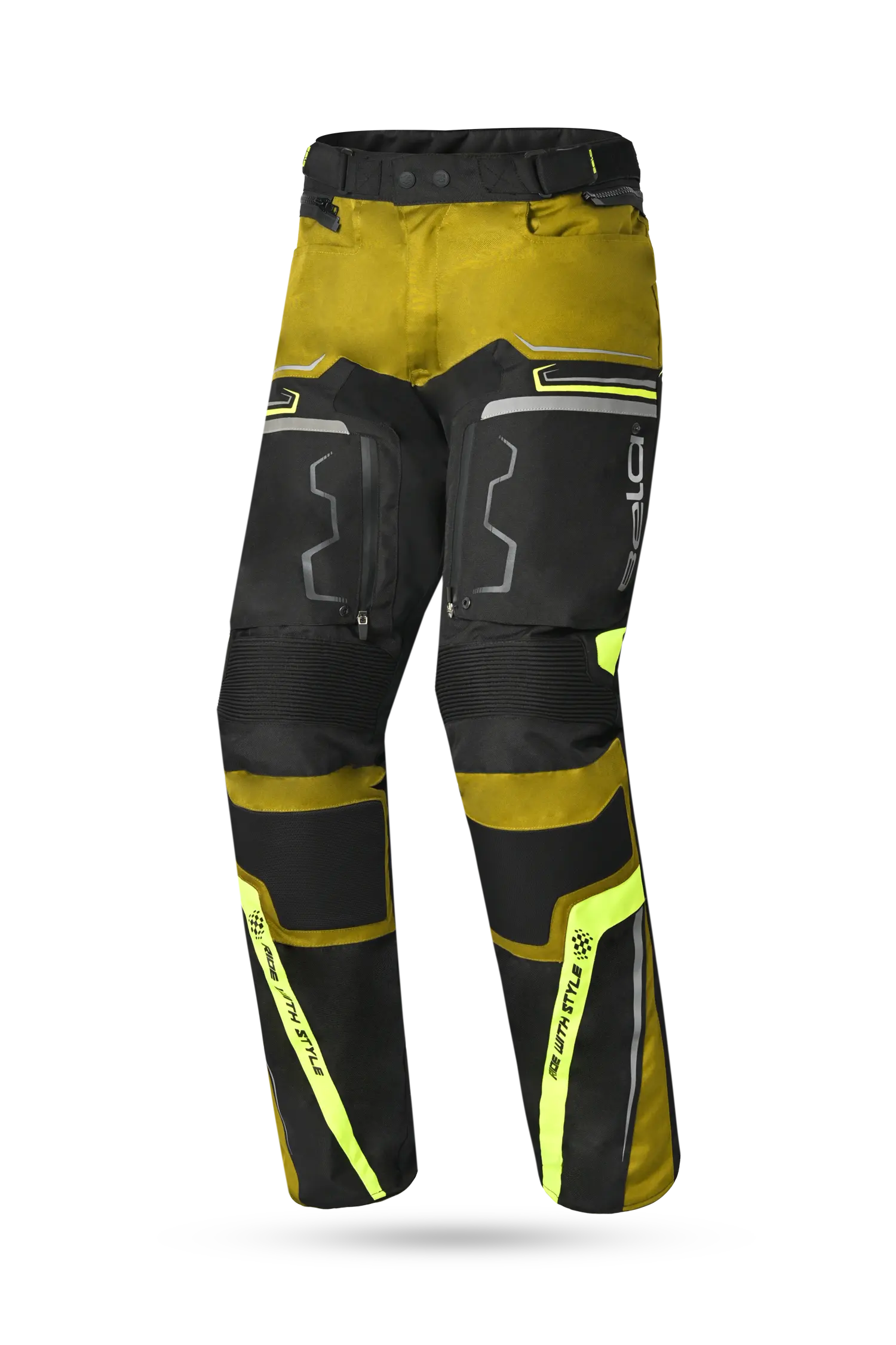 Bela Watson Pantaloni da moto touring Nero/Marrone/Giallo Fluor/Bianco 