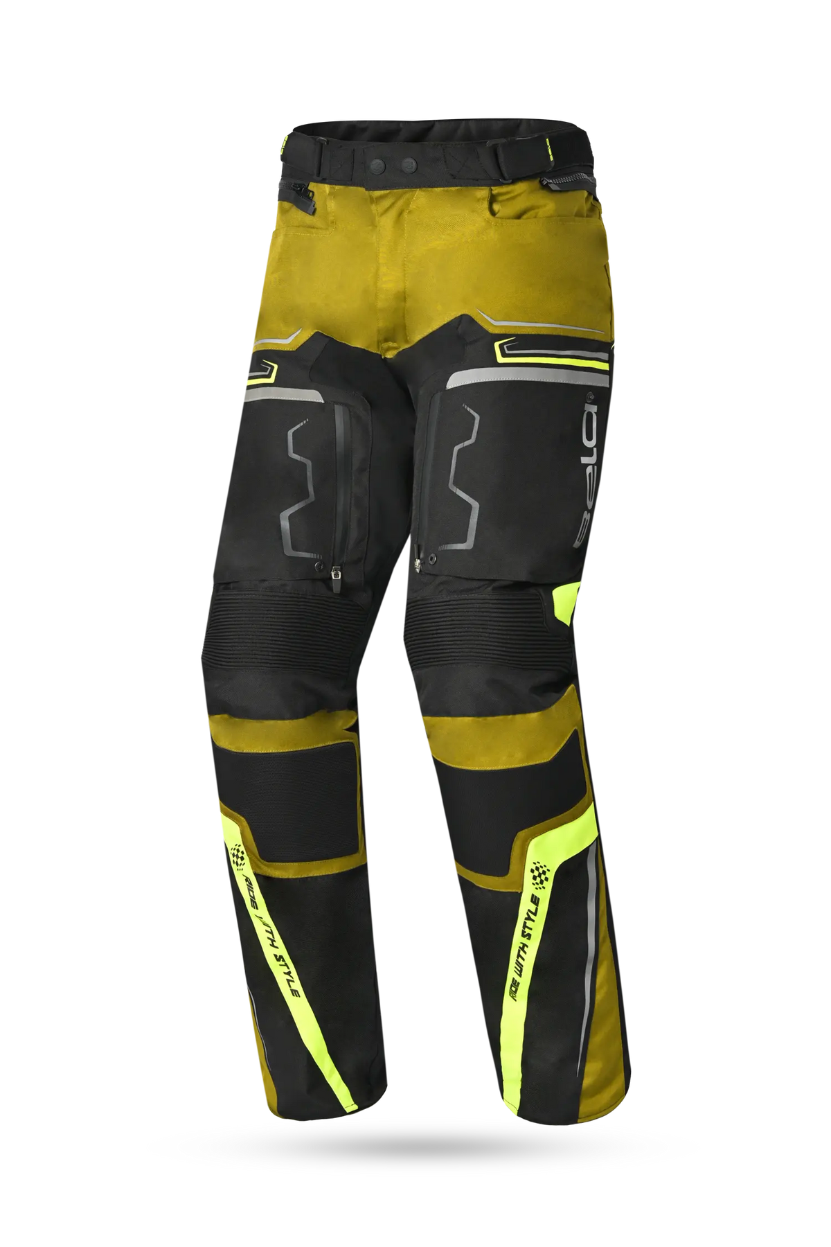 Bela Watson Pantaloni da moto touring Nero/Marrone/Giallo Fluor/Bianco 