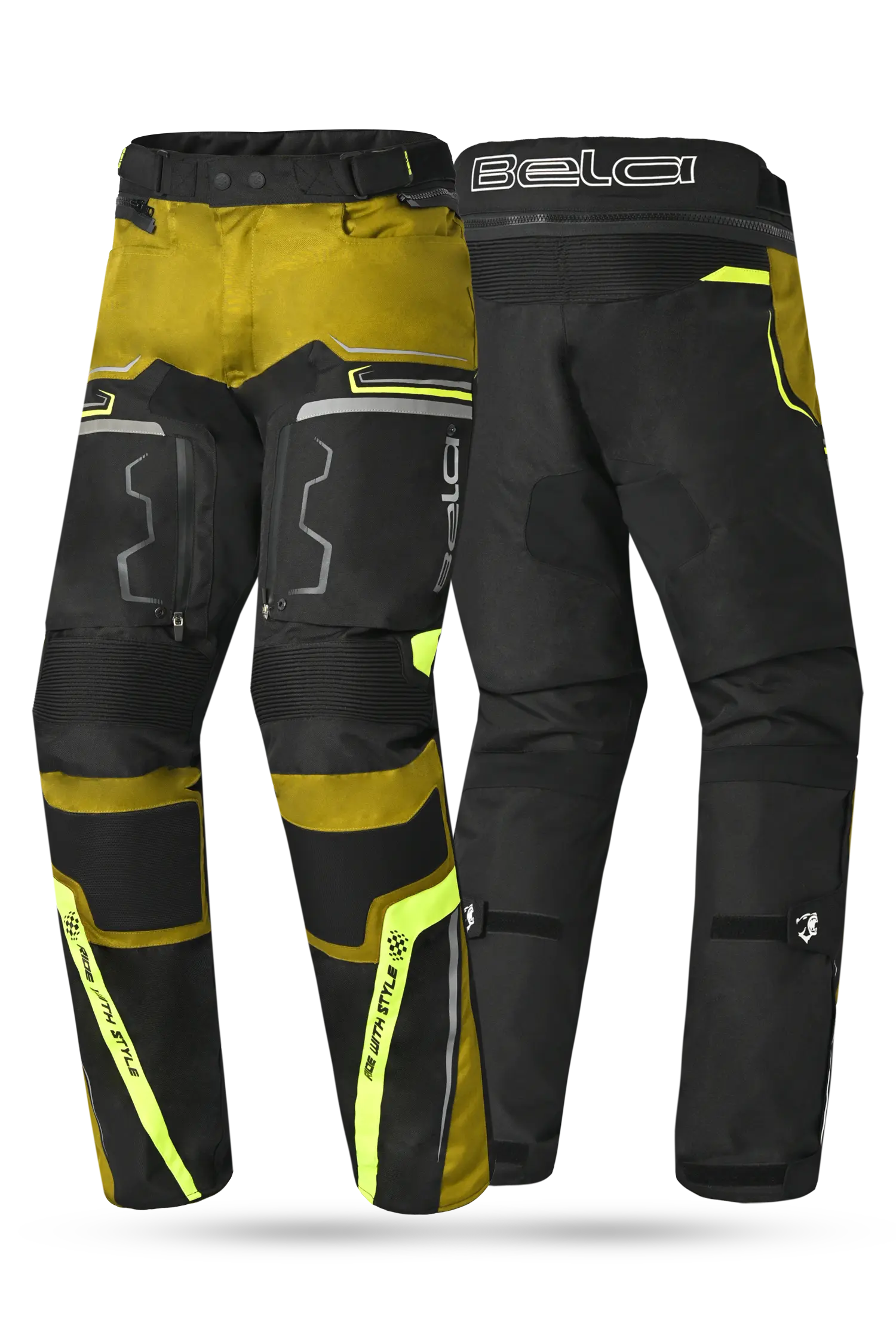 Bela Watson Pantaloni da moto touring Nero/Marrone/Giallo Fluor/Bianco 
