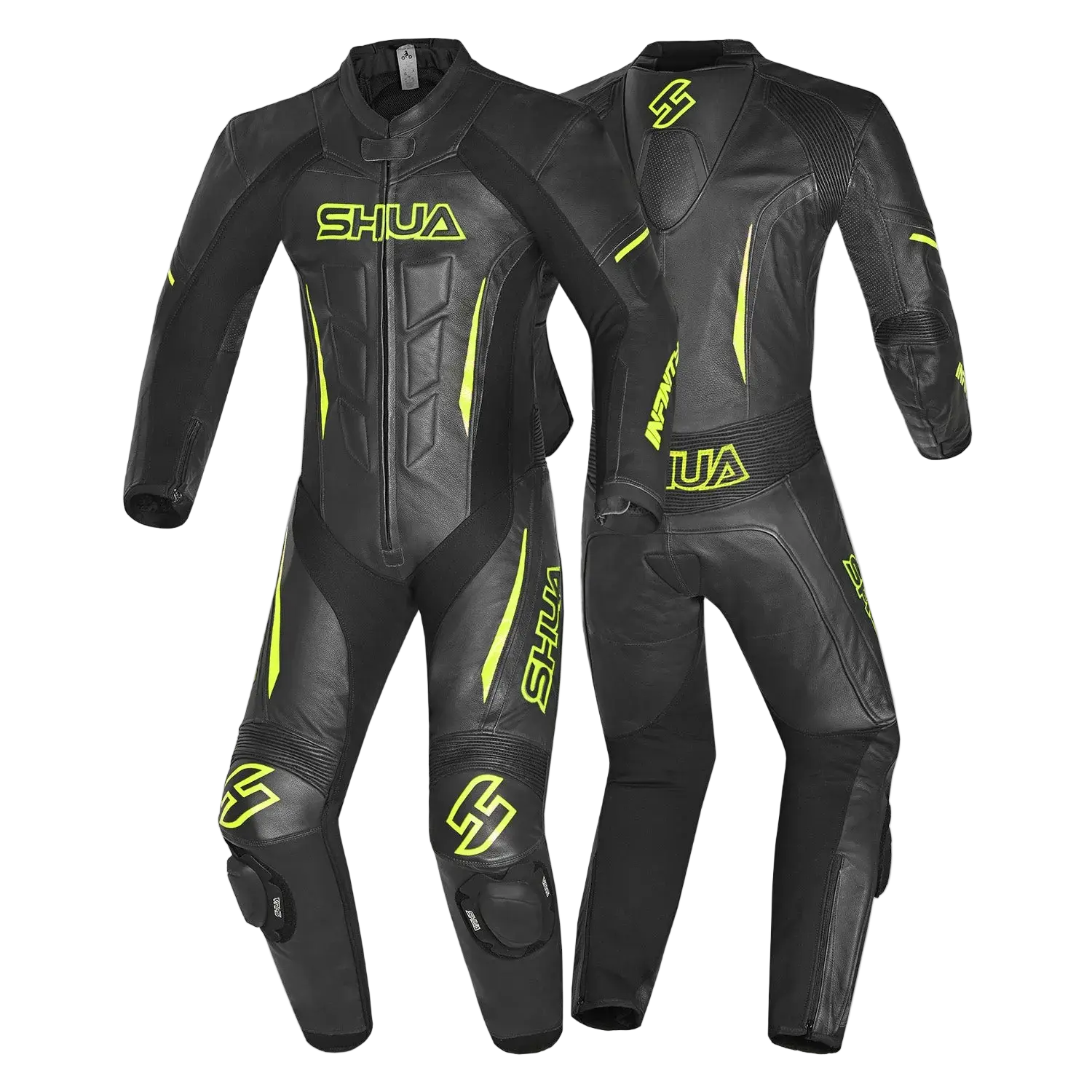 SHUA INFINITY TUTA MOTO PELLE INTERA UOMO NERO GIALLO FLUO 