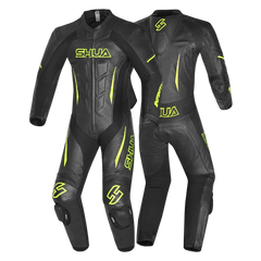 SHUA INFINITY TUTA MOTO PELLE INTERA UOMO NERO GIALLO FLUO 