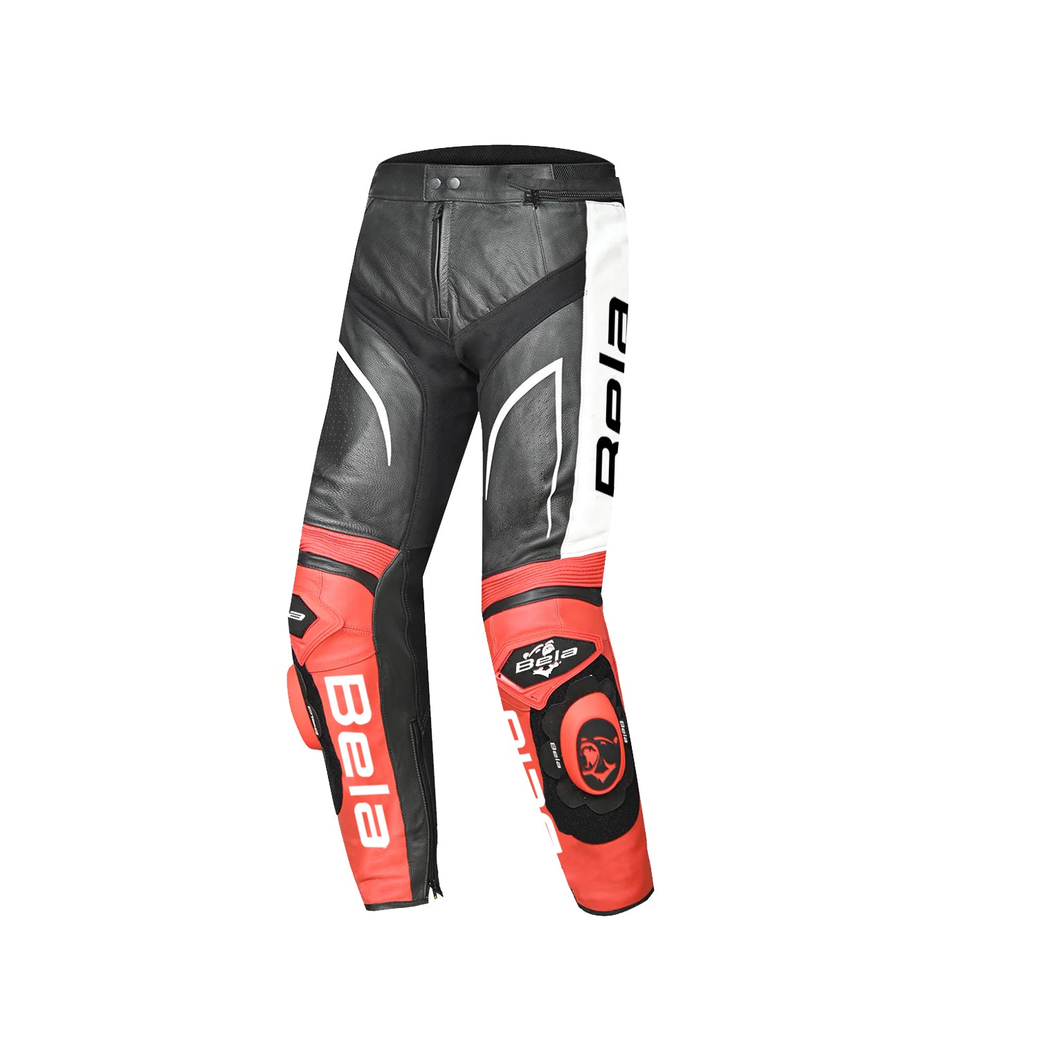BELA X RACE PANTALONI UOMO MOTO IN PELLE NERO/BIANCO/ROSSO 