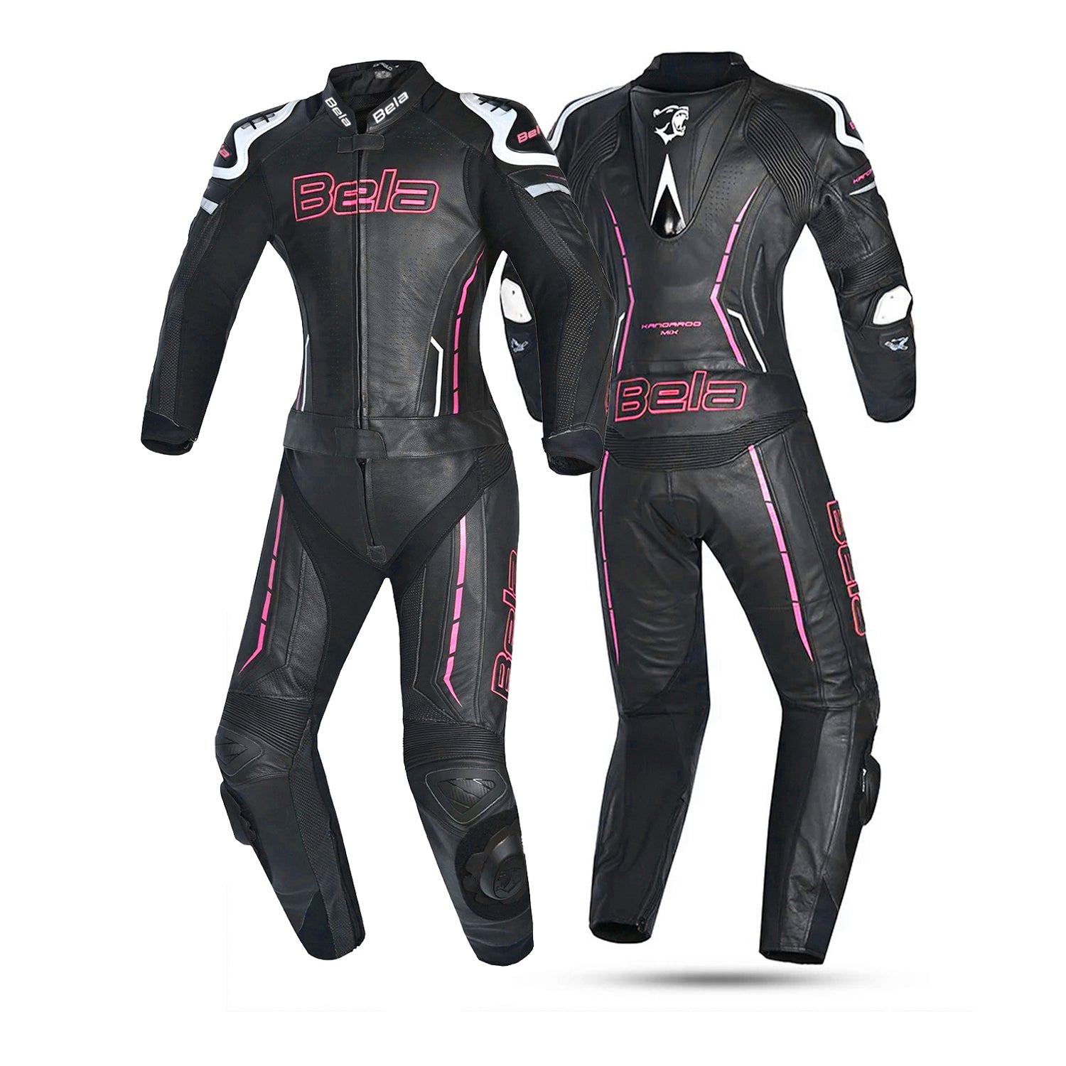 BELA ROCKET KANGROO MIX 2PC TUTA DONNA IN PELLE BIANCO NERO ROSA 