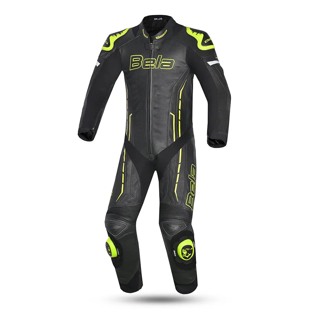 Bela Rocket Nero giallo 1PC Tute in Pelle Di Canguro Mix Uomo front