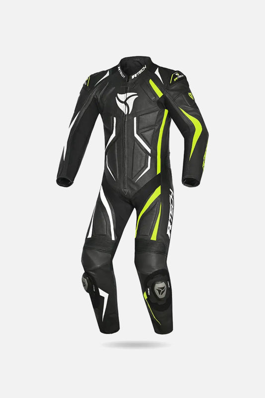 R-Tech Defender GP Tuta Moto In Pelle Racing Intera Nero/Bianco/Giallo 