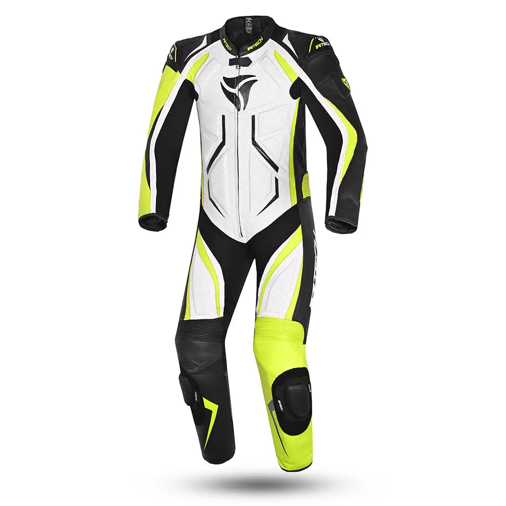 R-Tech Defender GP Tuta Moto In Pelle Racing Intera Bianco/Nero/Giallo 