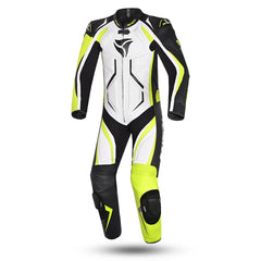 R-Tech Defender GP Tuta Moto In Pelle Racing Intera Bianco/Nero/Giallo 