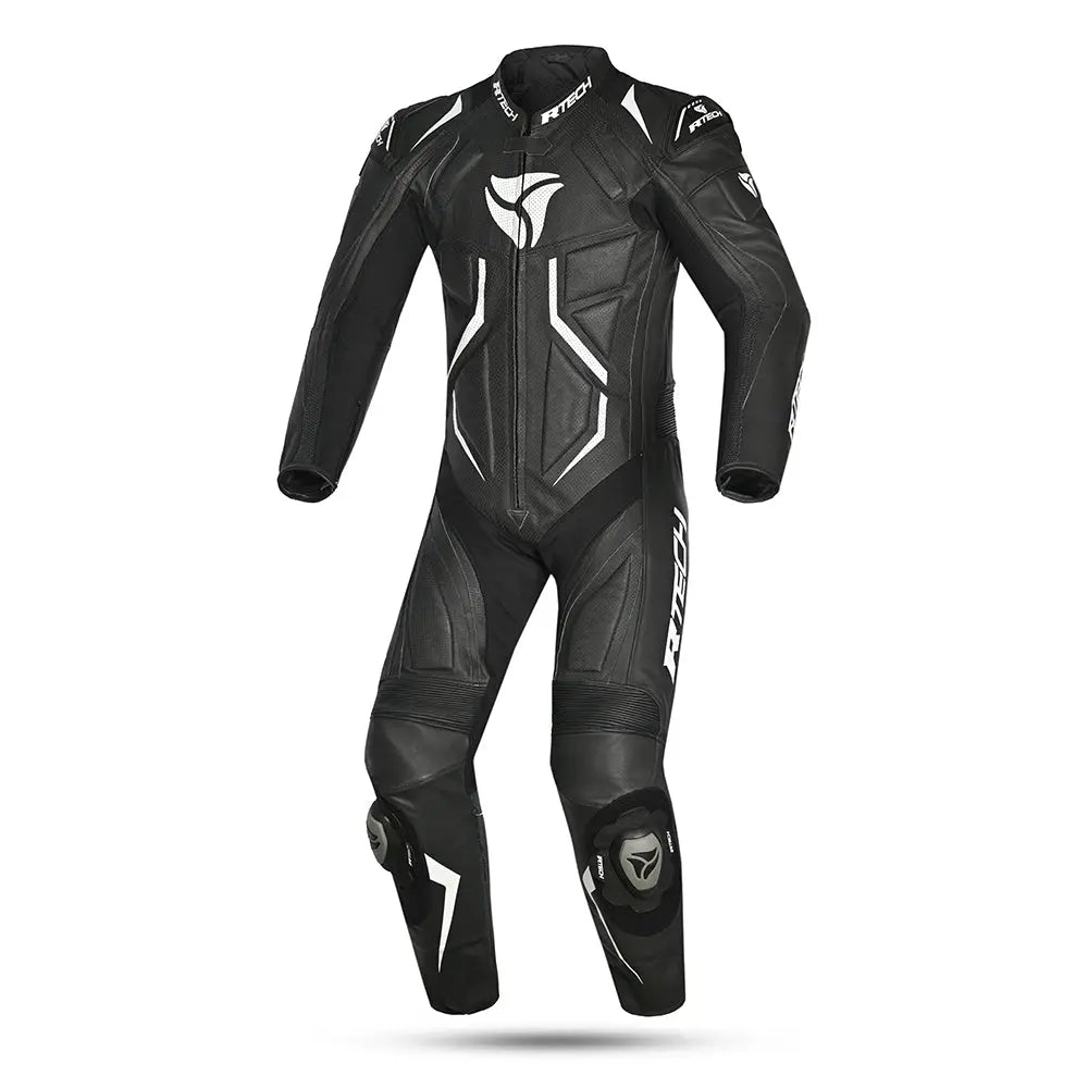 R-Tech Defender GP Tuta Moto In Pelle Racing Intera Nero/Bianco 