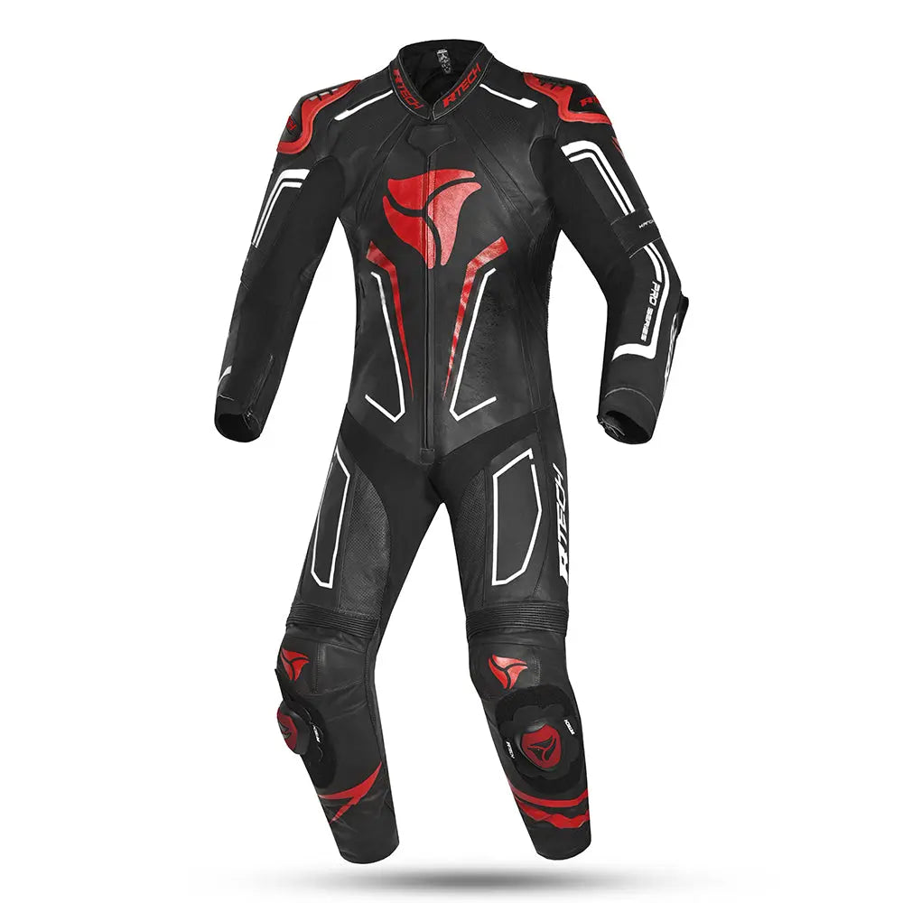R-Tech rising Kangaroo Mix star Tuta Moto In Pelle Racing Intera Nero/Bianco e Rosso 