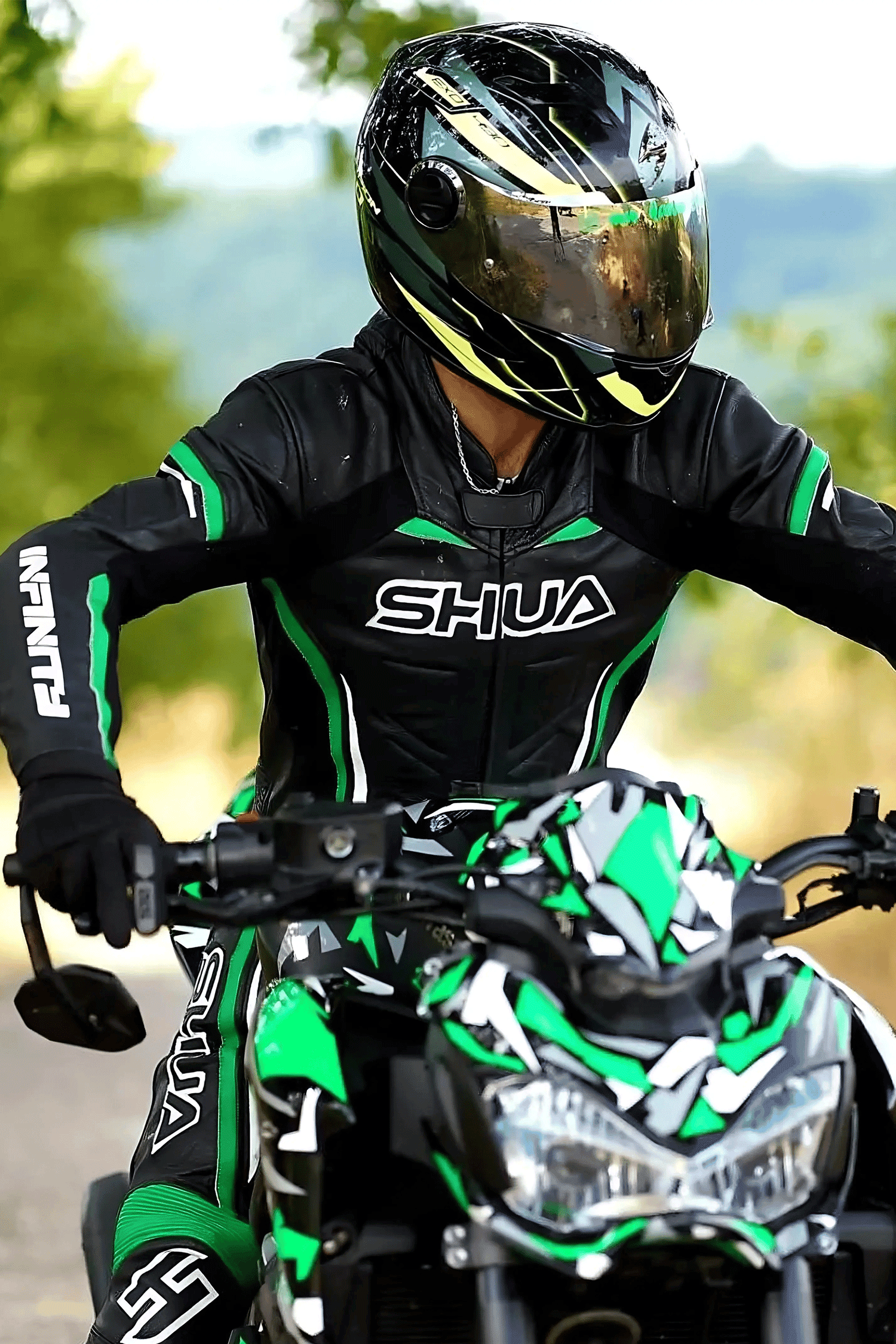 Shua Infinity Nero Verde 1PC Tute da Moto Pelle Uomo 