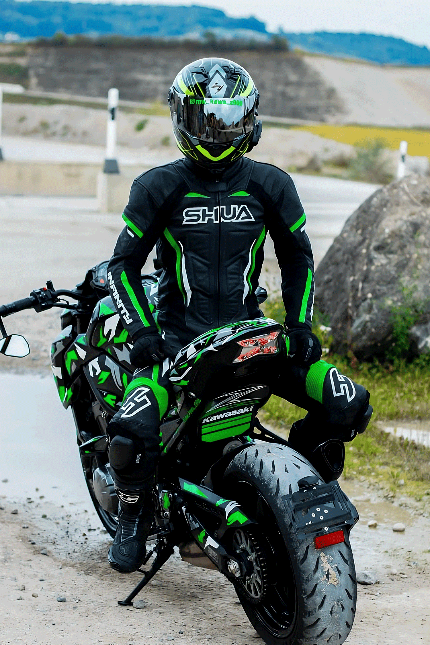 Shua Infinity Nero Verde 1PC Tute da Moto Pelle Uomo 