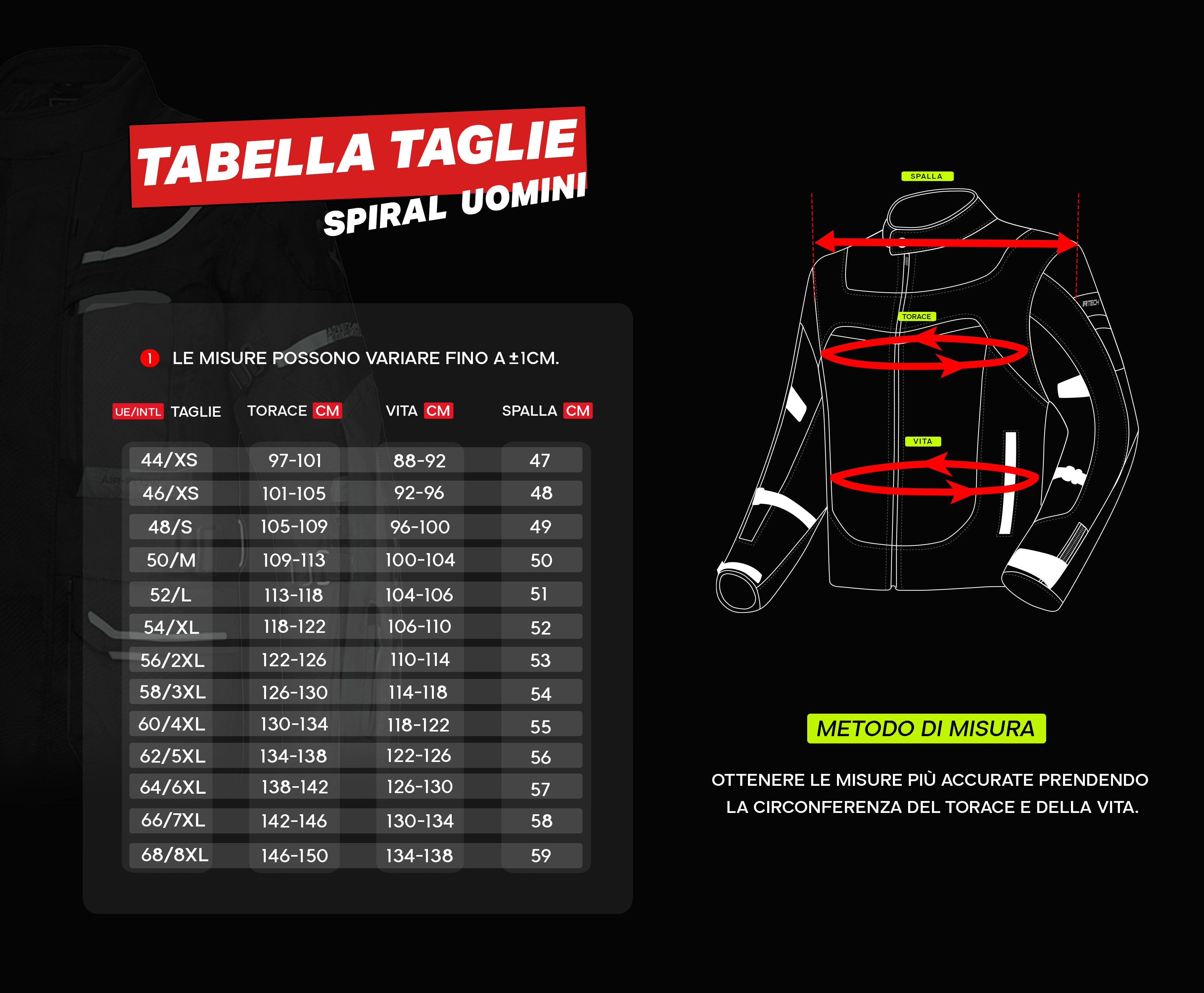 tabella taglie giacche uomo r tech spiral mesh 