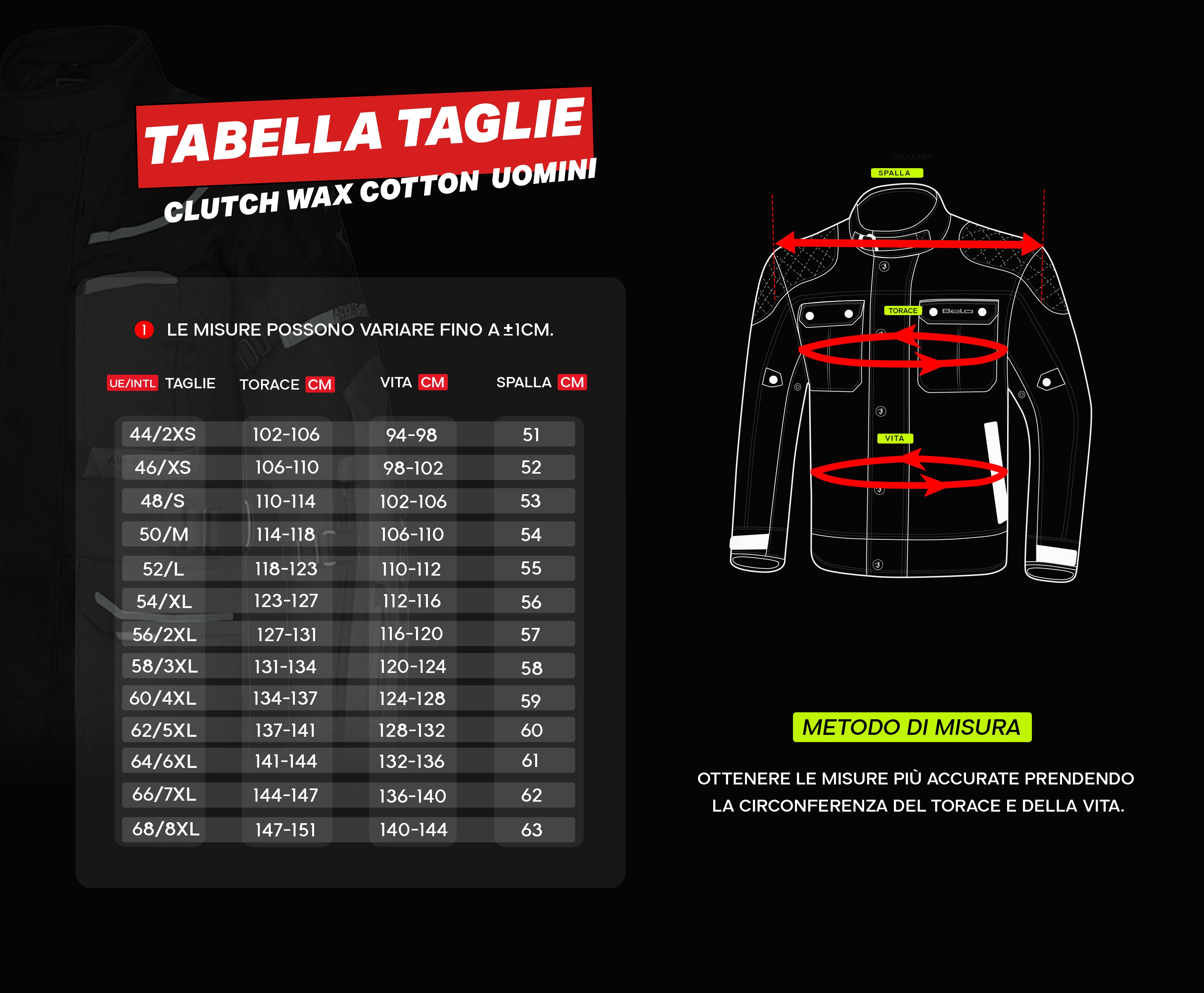 tabella taglie giacche uomo bela clutch wax cotton 
