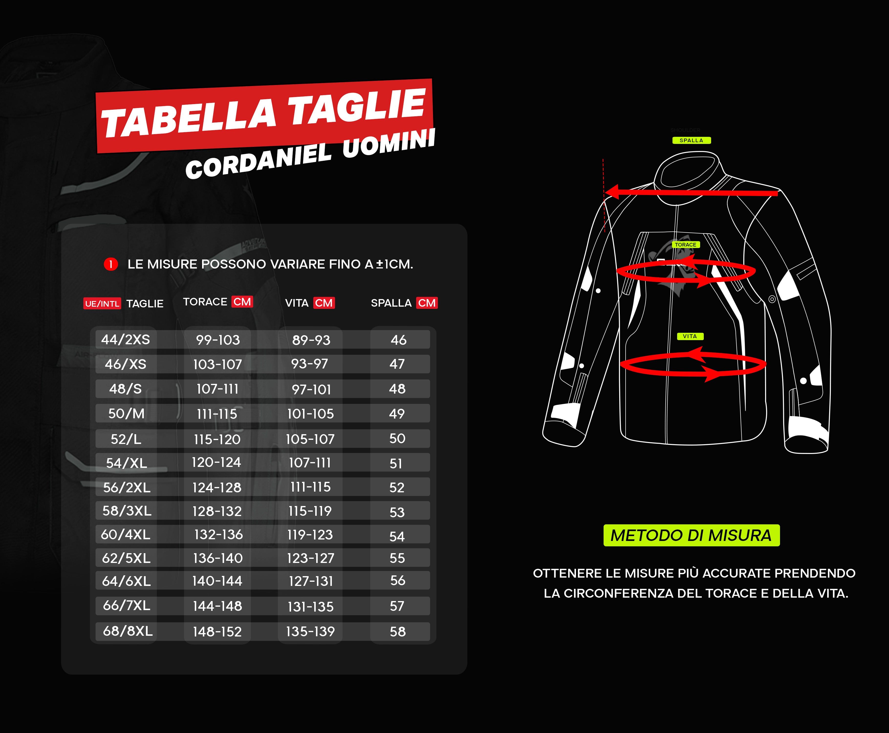 tabella taglie giacche uomo bela cordainel