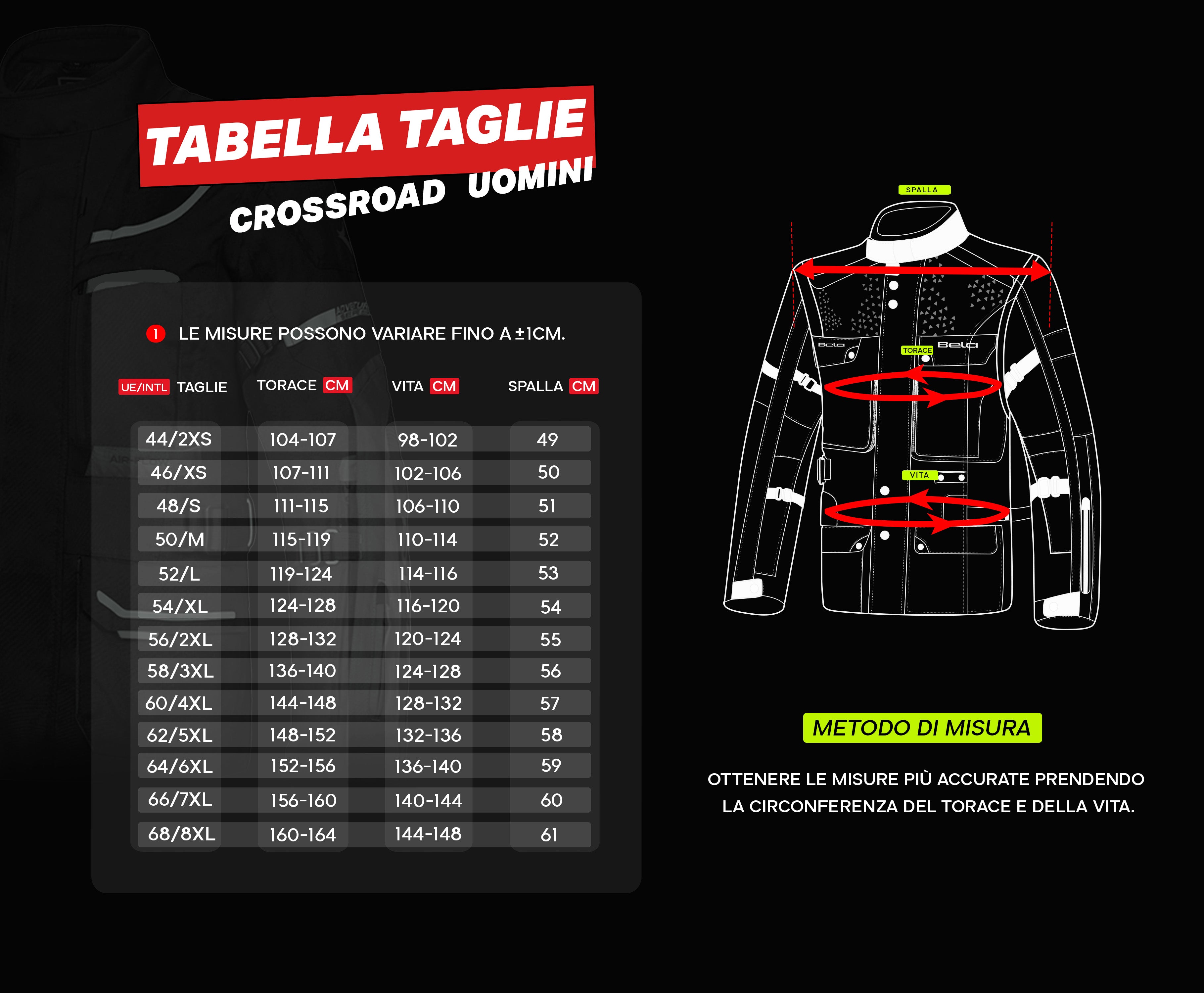 tabella taglie giacche uomo bela cross road