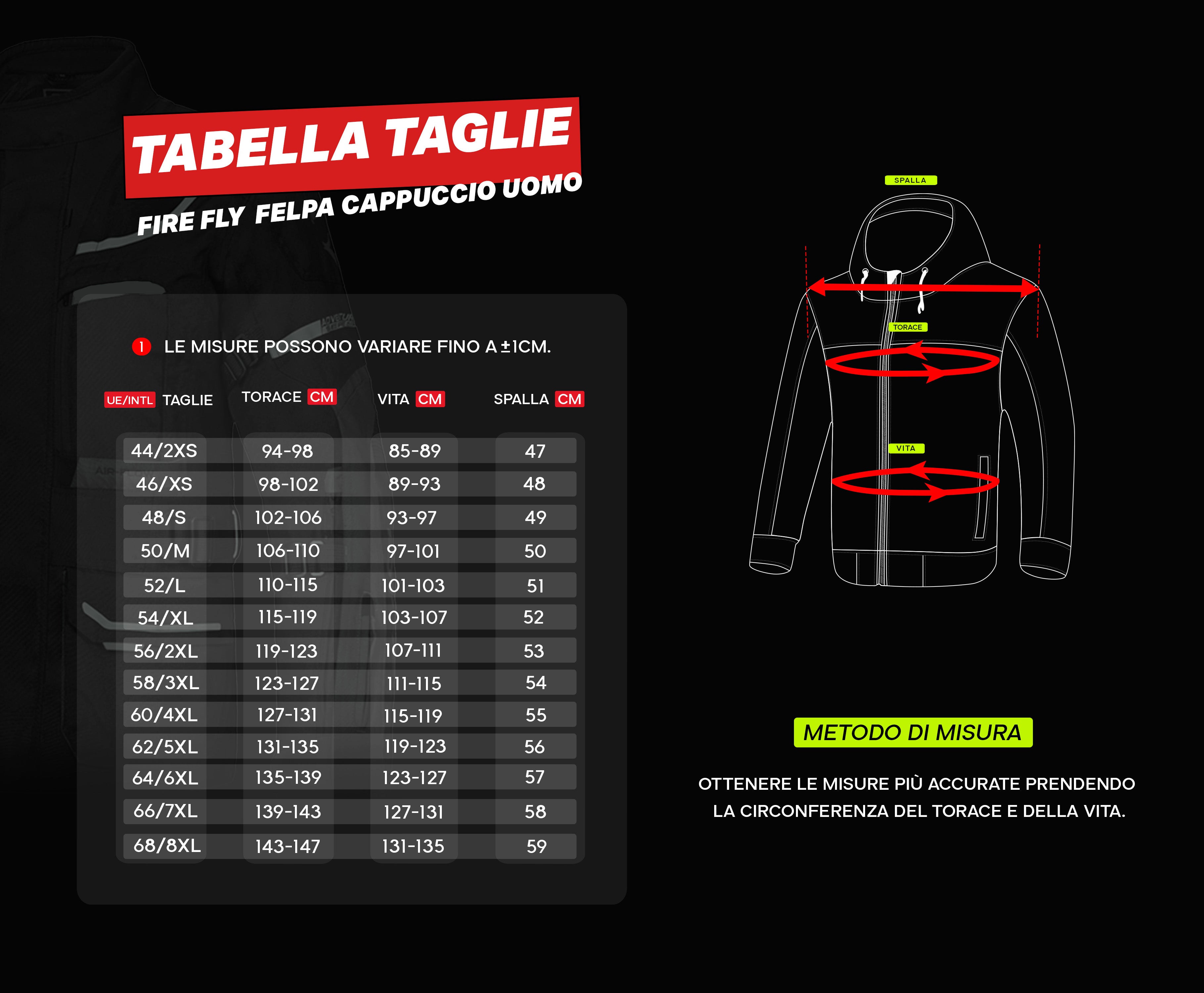 tabella taglie giacche uomo bela fire fly
