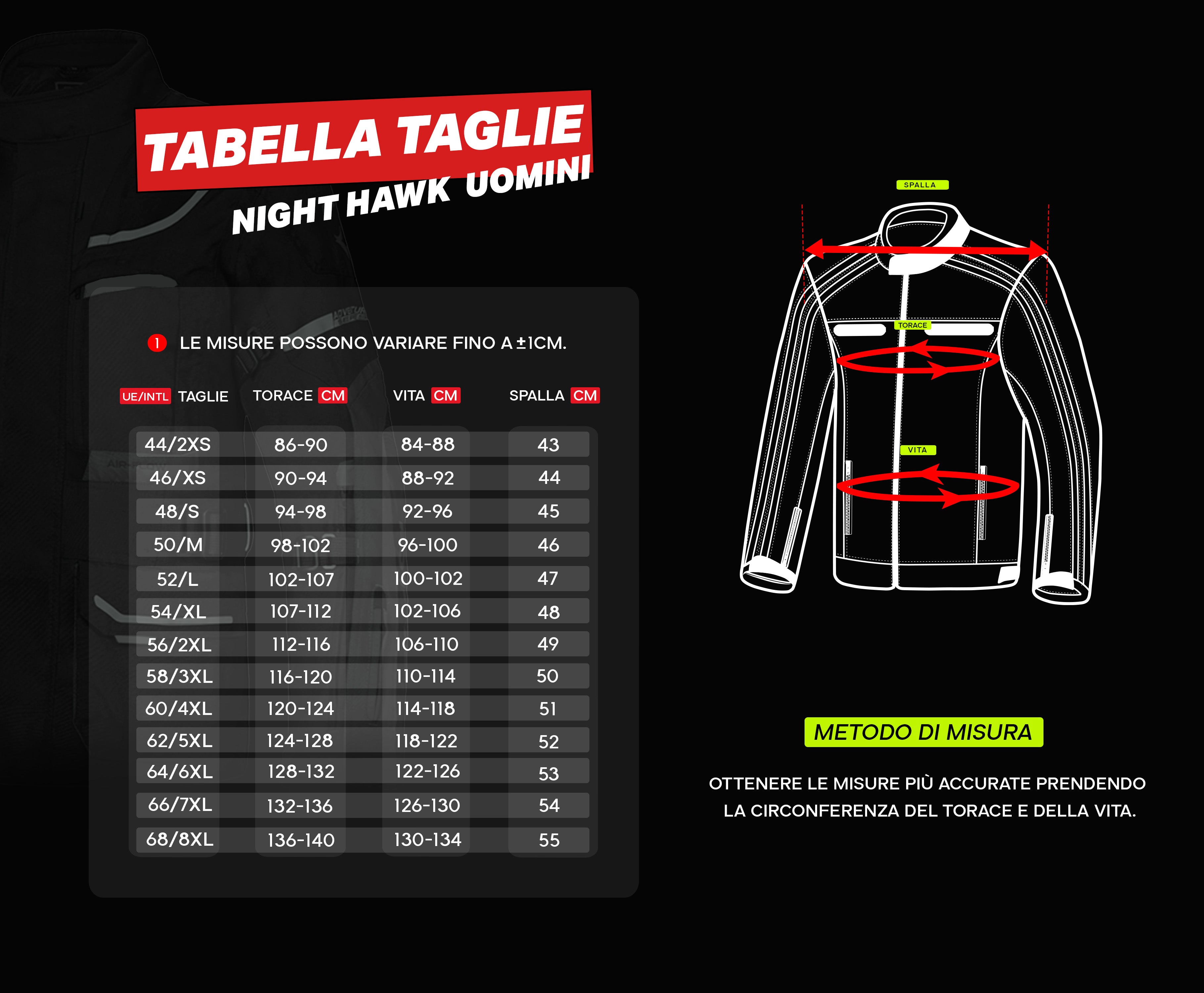 tabella taglie giacche uomo bela night hawk
