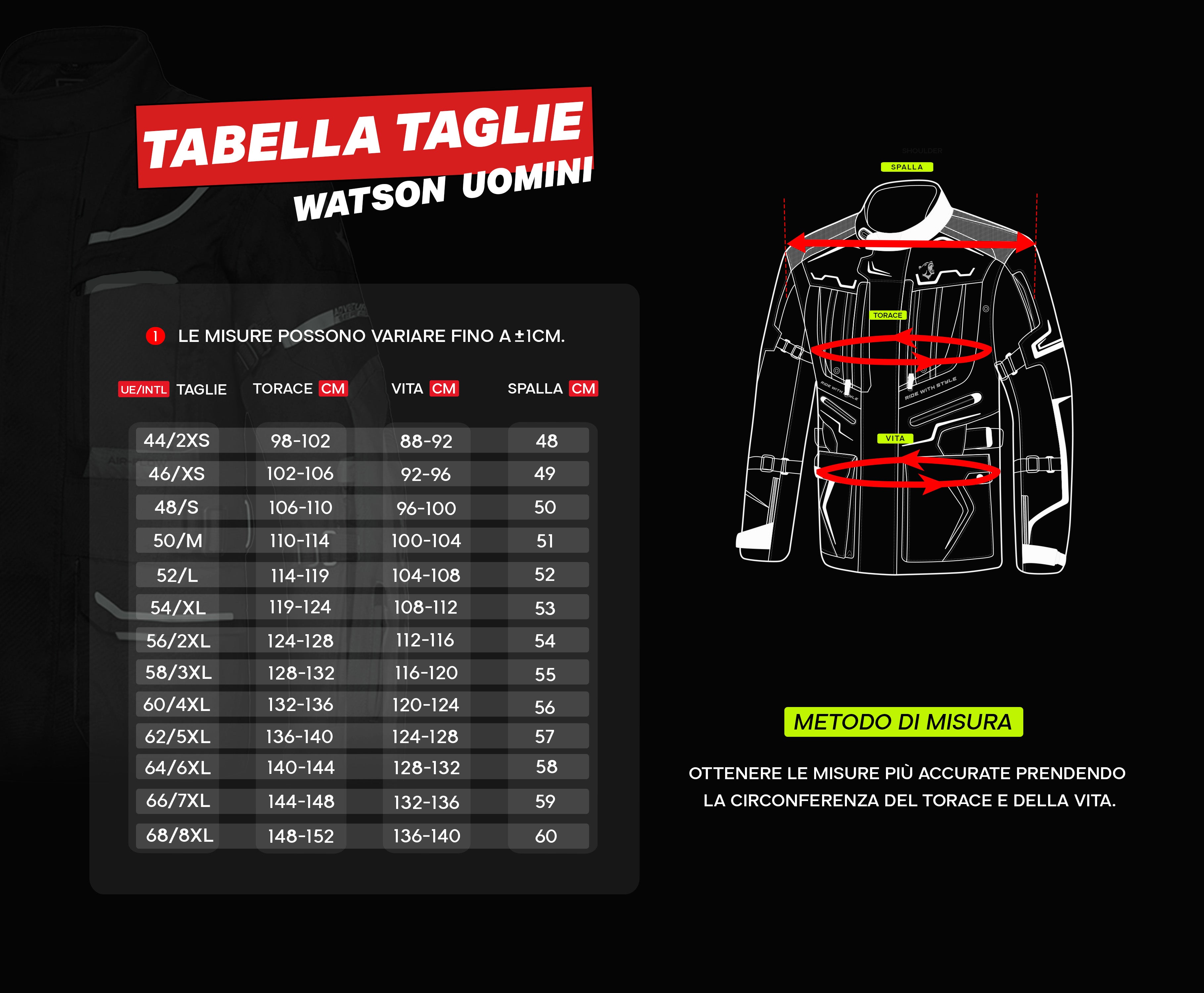tabella taglie giacche uomo bela watson 