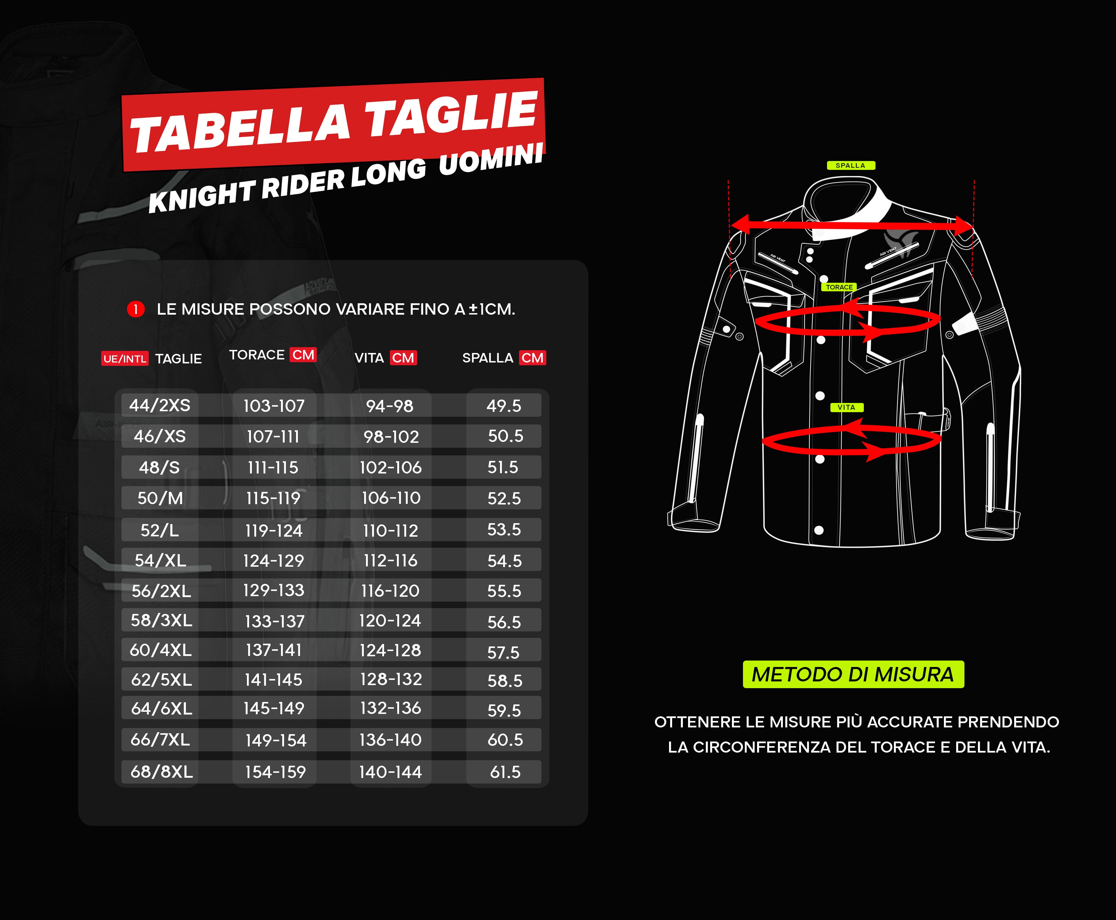 tabella taglie giacche uomo R Tech knight rider( long ) 