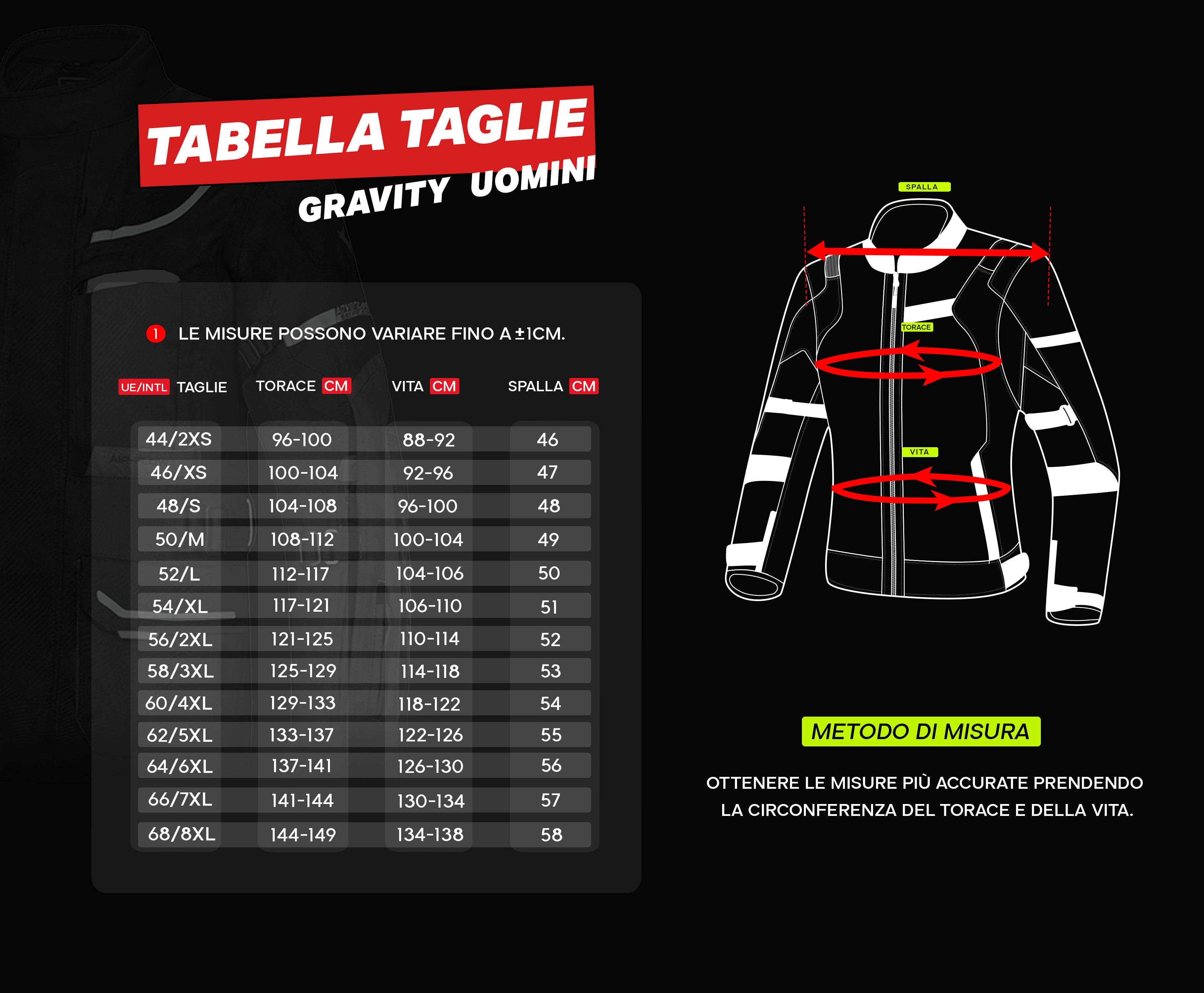 tabella taglie giacche uomo shua gravity