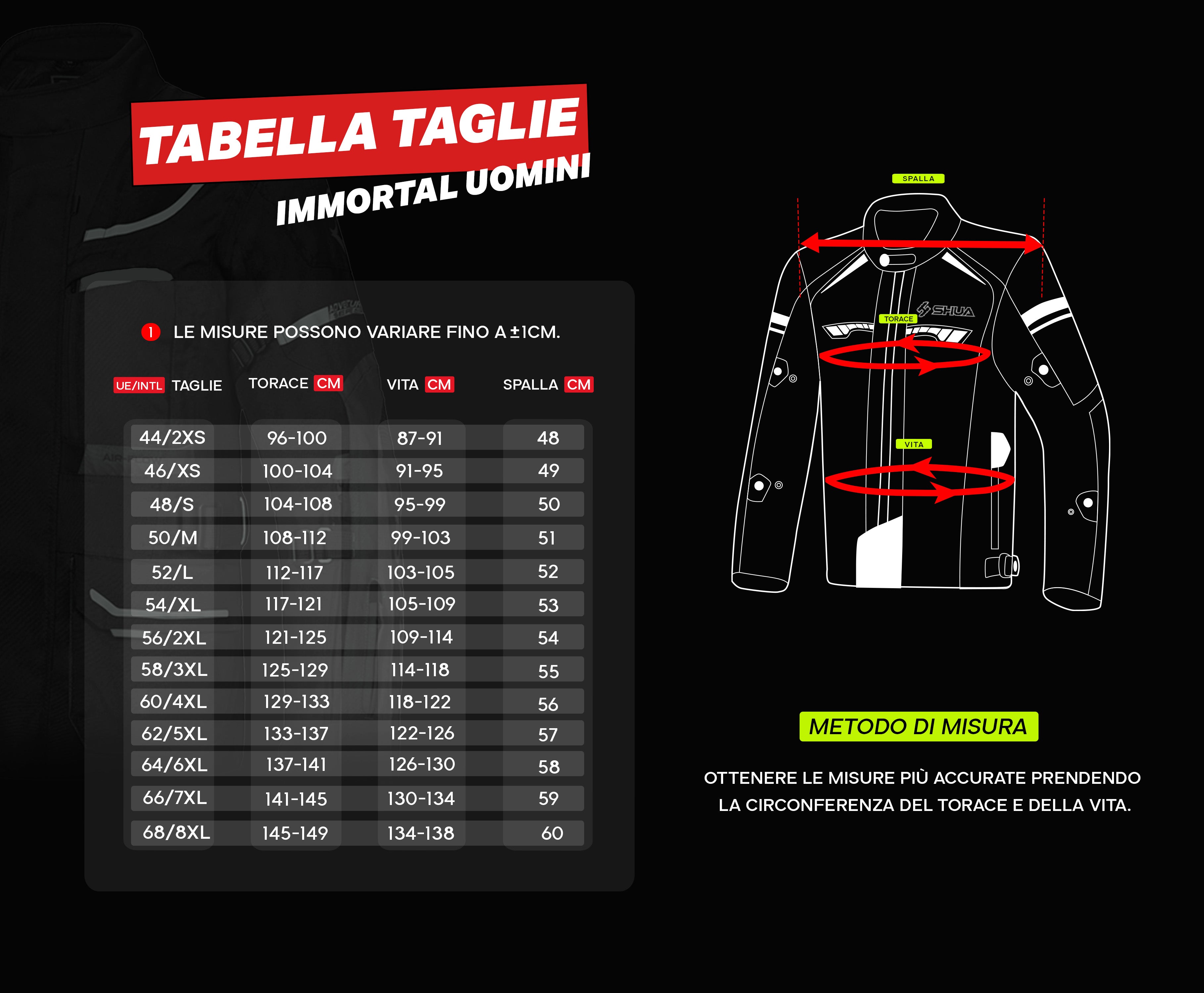 tabella taglie giacche uomo shua immortal 