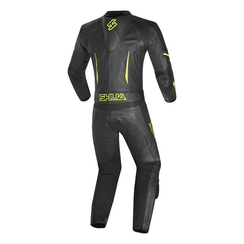 SHUA INFINITY TUTA MOTO PELLE INTERA UOMO NERO GIALLO FLUO 
