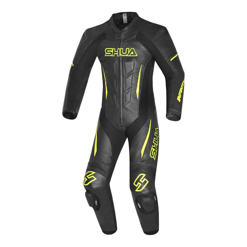 SHUA INFINITY TUTA MOTO PELLE INTERA UOMO NERO GIALLO FLUO 