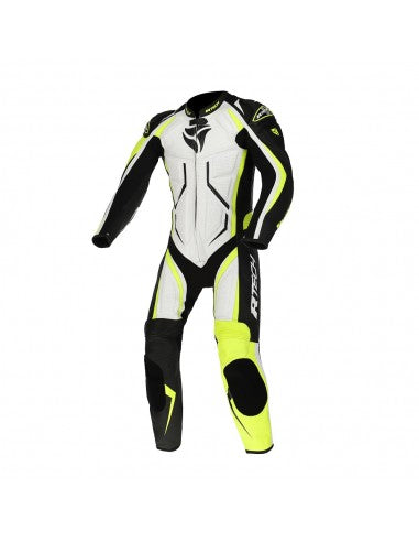 R-Tech Defender GP Tuta Moto In Pelle Racing Intera Bianco/Nero/Giallo